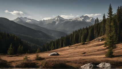 Photo a mountain landscape with pine trees and mountains in the background.