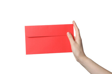 Fototapeta premium PNG,female hand holding a paper envelope, isolated on white background