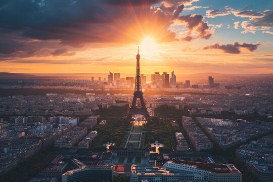 The Eiffel Tower Dominating the Skyline of Paris, The Eiffel Tower peeking out from the Paris cityscape, from a bird's eye view, AI Generated