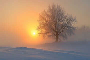 The sun begins to set behind a tree covered with snow, casting a warm, golden glow on the wintry landscape, The first rays of the sunrise piercing through the winter fog, AI Generated