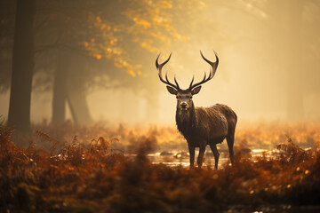 Red Deer Stag Silhouette in the mist - obrazy, fototapety, plakaty