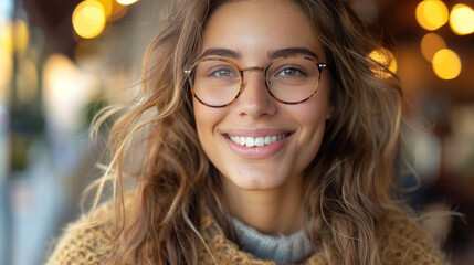Happy young woman with trendy glasses and a carefree smile, bokeh lights providing a joyful atmosphere