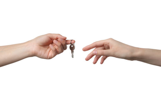 PNG,female hand holding a key, isolated on white background