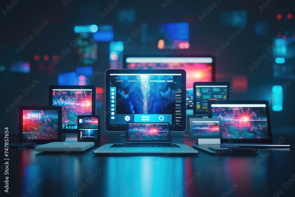 Poster several laptops are arranged neatly on top of a table, the impression of various digital ads appeari