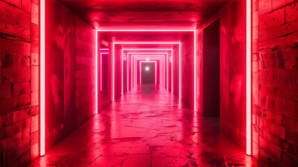 Abstract Black Corridor with Neon Light Lines, Futuristic Design in Urban Space, Concept of...