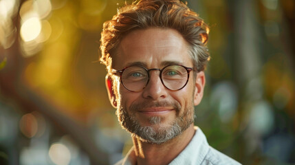Confident handsome man with stylish glasses in soft evening light, giving off a friendly vibe