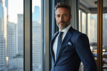 Handsome and confident mature businessman wearing suit in office with city skyline view