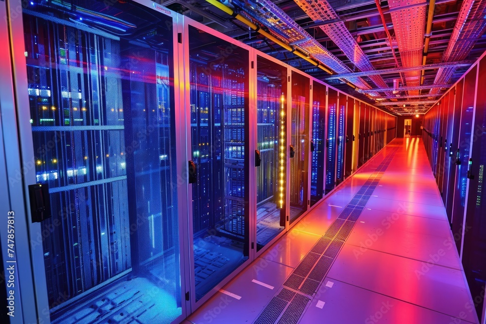 Poster a photo showcasing rows of servers in a data center illuminated by vibrant and colorful lights, the 