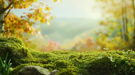 Deurstickers Fluffy green moss against a beautiful blurred natural landscape background in a long panorama, embodying the concept of a cozy autumn mood © shaiq