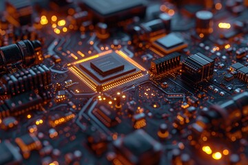 A detailed close-up view of a computer circuit board featuring numerous microchips and interconnected electrical components, The intricacies of a nanocomputer, AI Generated