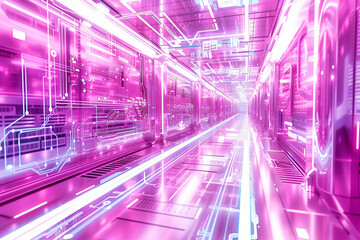 Fototapeta premium Futuristic Corridor Design, Neon Lights and Modern Architecture, Sci-Fi Interior