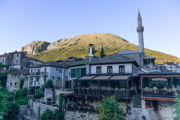 Traditional architecture and a mosque's minaret in Mostar, Bosnia and Herzegovina