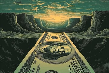 A dollar bill is seen floating in the water with a majestic mountain in the background, The journey of a dollar bill depicted in a classic style, AI Generated - obrazy, fototapety, plakaty
