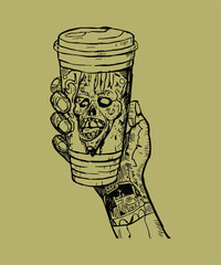 Zombie hand  Coffee Hand Drawn Color Vector Doodle Illustration t-shirt design