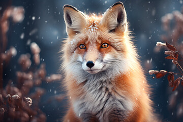 Red fox in winter forest Pretty - obrazy, fototapety, plakaty
