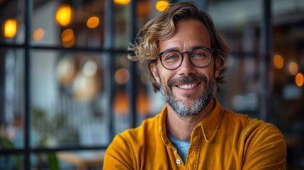 Cheerful man wearing glasses and a yellow shirt with a joyful expression in a modern setting - obrazy, fototapety, plakaty