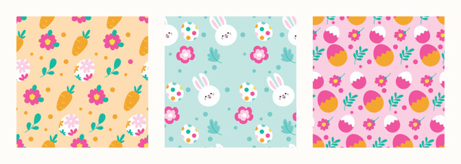 Happy Easter seamless pattern vector. Set of square cover design with easter egg, flower, rabbit, carrot. Spring season repeated in fabric pattern for prints, wallpaper, cover, packaging, kids, ads.