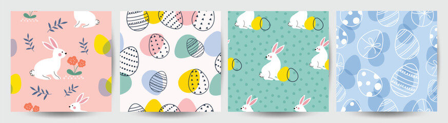 Happy Easter seamless pattern vector. Set of square cover design with easter egg, flower, rabbit, foliage. Spring season repeated in fabric pattern for prints, wallpaper, cover, packaging, kids, ads.