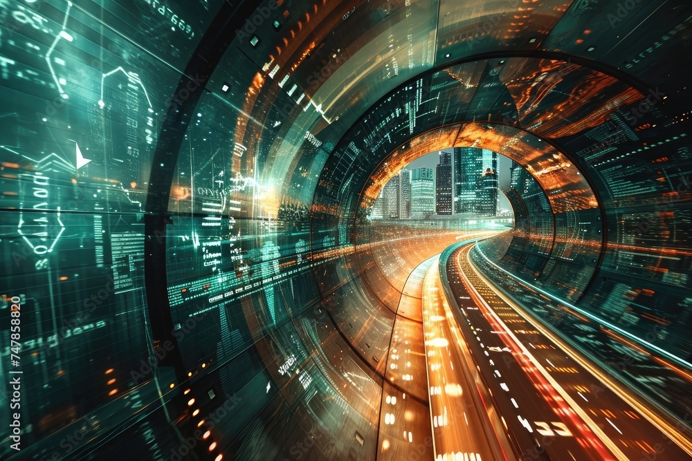 Poster a brightly lit tunnel adorned with numerous neon lights, creating a visually striking and dynamic am