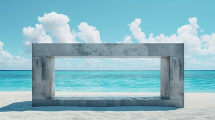 A concrete structure stands on a sandy beach under the clear sky