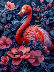 Vibrant fantasy painting of a flamingo surrounded by colorful wildflowers, capturing a whimsical and dreamlike essence.