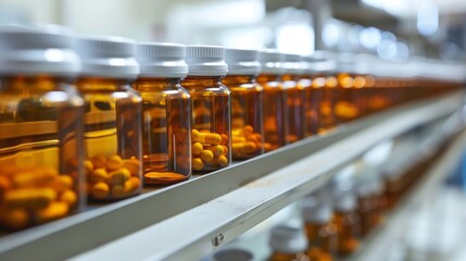 A row of clear glass jars filled with vibrant oranges, neatly lined up on a shelf