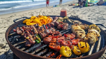 A grill set up on the sandy beach with a variety of foods cooking on it, including meat, vegetables, and seafood