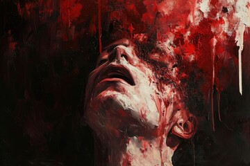 A painting capturing a detailed portrait of a man with blood flowing from his face, executed by an unknown artist, The process of internal bleeding in a dramatic style, AI Generated