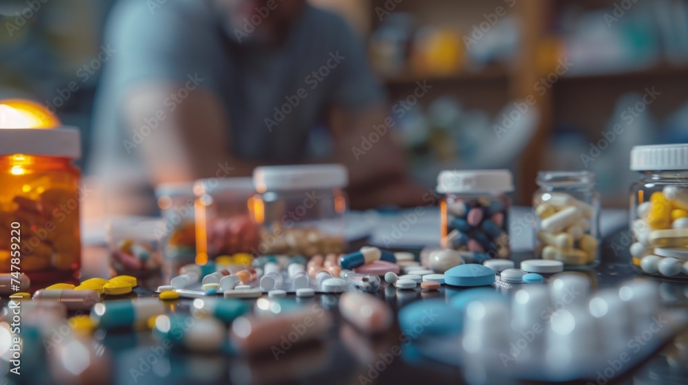 Poster a table filled with numerous pills and bottles of medication, creating a cluttered and overwhelming 