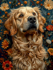 A detailed portrait of a dog surrounded by colorful wildflowers, exuding a serene and natural beauty.