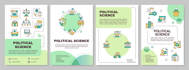 Politics science circle green brochure template. Government structure. Leaflet design with linear icons. Editable 4 vector layouts for presentation, annual reports. Arial-Bold, Lato-Regular fonts used - obrazy, fototapety, plakaty