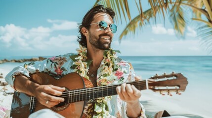 A man sitting on the sandy beach, strumming a guitar under the blue sky