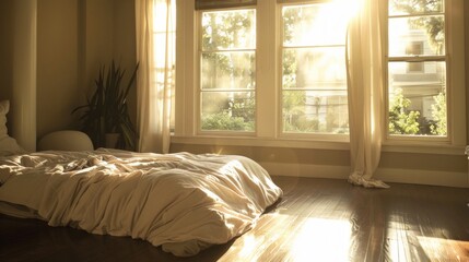 A bed is positioned in a bedroom with two windows nearby, providing ample natural light and a view outside