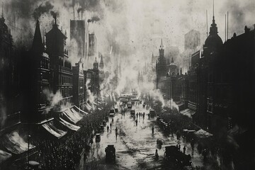 A black and white photo capturing a bustling city street filled with tall buildings and people walking, The scene of a victory parade in the heart of a city, AI Generated