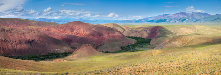 Colored mountains in the south of Altai, desert climate, panoramic view	