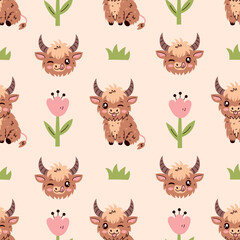Highland cow character seamless pattern. Cute cattle on pasture. Pastel colored background with happy livestock animal flowers and grass. Repeat vector illustration for kids baby dairy products milk