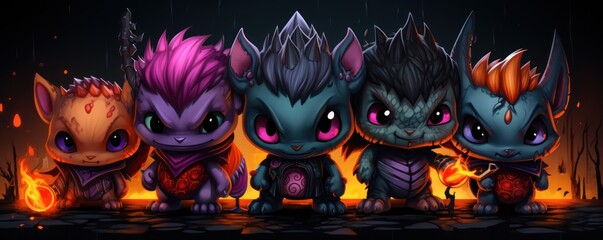 Dark evil hip hop style Cute Cartoon monsters baby dragon childish animation - obrazy, fototapety, plakaty