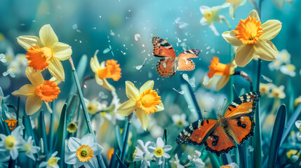 Fototapeta na wymiar Ethereal image capturing butterflies fluttering around vibrant daffodils under a gentle spring sunlight filter.