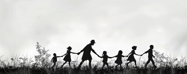 Family silhouette walking hand in hand