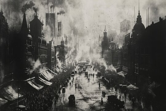 Fototapeta A black and white photo capturing a bustling city street filled with tall buildings and people walking, The scene of a victory parade in the heart of a city, AI Generated