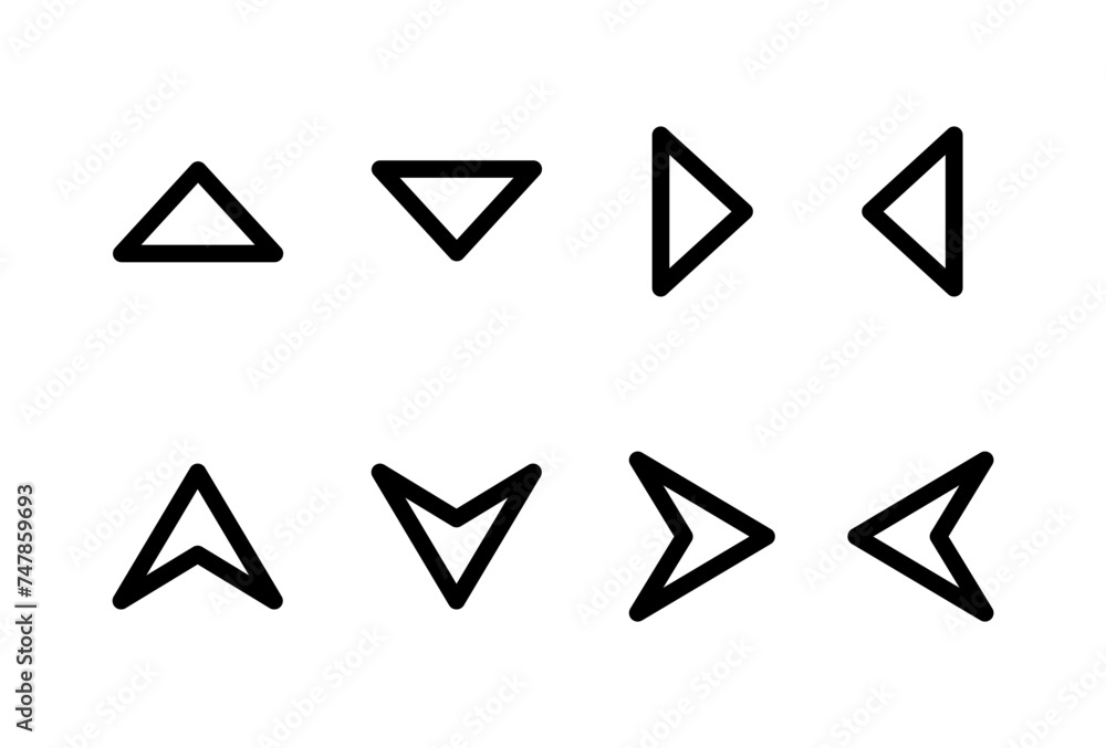 Poster arrows set icons. set of arrow pointers. direction up, down, left, right. turn signals. line arrow v