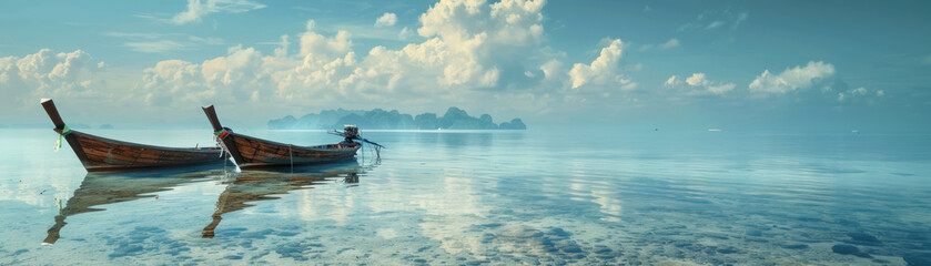 Longtail boats gently bobbing in the calm bay waters