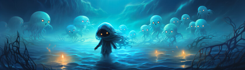 Playful chibi grim reaper with jellyfish spirits underwater scene - obrazy, fototapety, plakaty