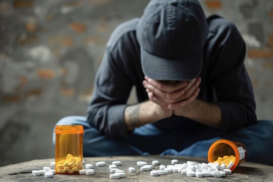 A man sitting on a table while pills are placed in front of him, The societal consequences of opioid addiction, AI Generated