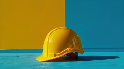 Yellow safety helmet on blue and yellow background. Industrial protection and construction concept with copy space