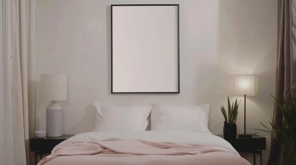 Elegant bedroom with mockup poster frame, ambient lighting, and soft pink bedding. Calm and cozy home interior design concept for print and advertising.