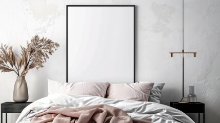 Stylish bedroom with mockup art frame, blush curtains, and modern furnishings. Urban chic home decor and interior design concept for mockup and lifestyle.
