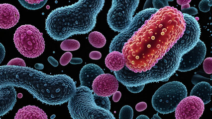 a probiotics bacteria biology science microscopic medicine digestion stomach color on black background. - obrazy, fototapety, plakaty