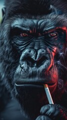 Mysterious gorilla with glowing eyes holding a cigarette.