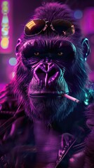 Stylish gorilla wearing sunglasses and smoking. Neon-lit portrait with urban nightlife theme.